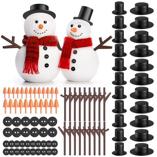 Outivity Snowman Kit for Crafts 200PCS Snowman Craft for Kids Snowman Decorating Kit Includes 120 Black Buttons 20 Tiny Top Hats 40 Tiny Hands 20 Mini Carrot Noses