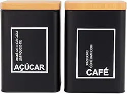 Kit com 2 Porta Mantimentos Café e Açúcar, Metal Premium Preto com Tampa na Cor Madeira, Hermeticos, 500~800g