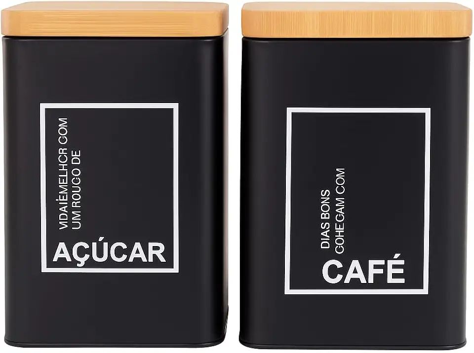 Kit com 2 Porta Mantimentos Café e Açúcar, Metal Premium Preto com Tampa na Cor Madeira, Hermeticos, 500~800g