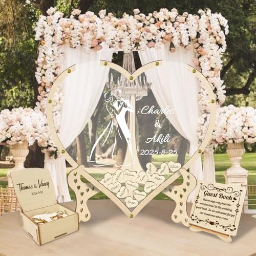 FENGHUO Libro de Visitas Personalizado,Libro de Invitados Personalizado con Nombre y Fecha,Boda Decoración Creativa,Libro de Invitados de Madera en Forma de Corazón con Marco de Fotos