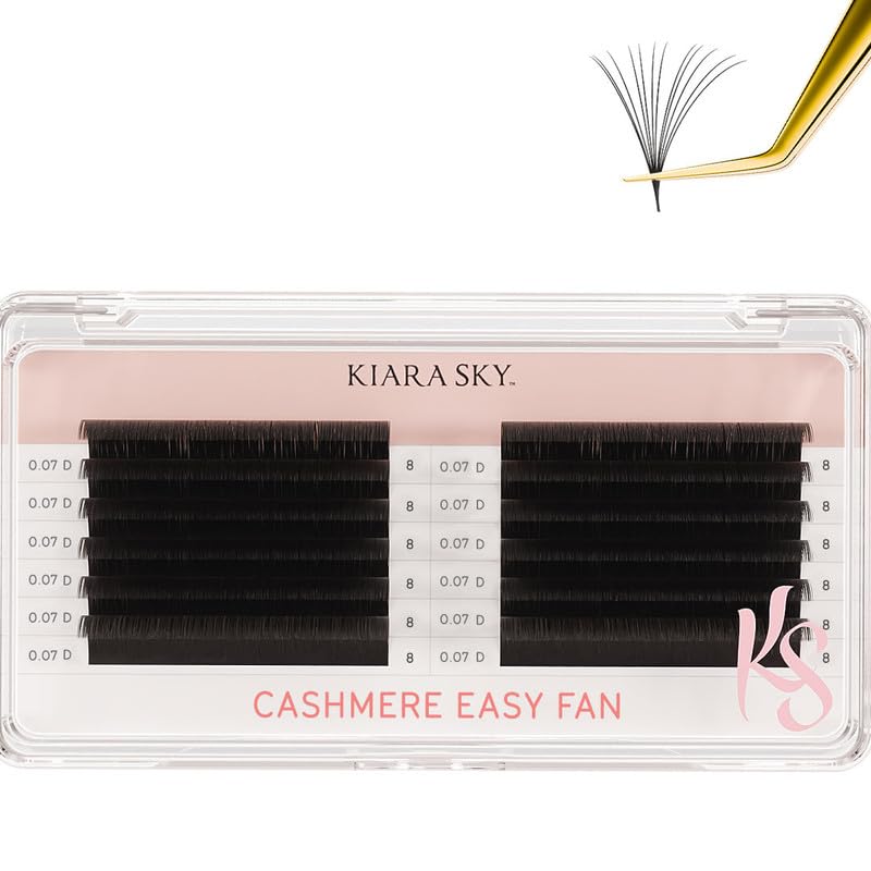 KIARA SKY LASH Premium Cashmere Easy Fan Lash Extensions | Soft Semi-matte natural finish | Fans like Butter | For Professional Eyelash Extensions Use Only | Black, (D-0.07-8MM)