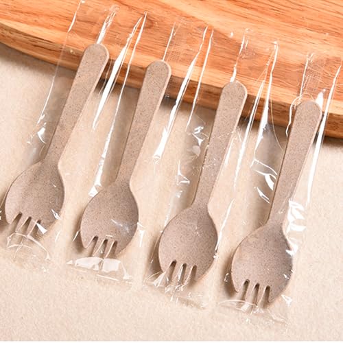 100PCS Disposable Sporks, Individually Wrapped Durable Strong Plastic Sporks for Desserts Ice Cream Cake for Picnics Restaurant and Party Supply (Wheat Color)