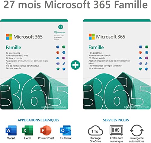 Microsoft 365 Famille | Pack abonnement 27 mois | Office 365 apps | jusqu'à 6 utilisateurs | Téléchargement | PC/Mac/Mobile | Code d'activation - envoi par email