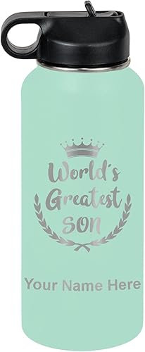 Miniatura 44 de LaserGram Botella de agua con tapa abatible de doble pared de 20 onzas con pajilla, el hijo más grande del mundo, grabado personalizado incluido