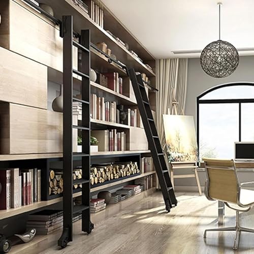 WLCNYL Kit Completo de rieles para Escalera de Biblioteca Deslizante con Gancho, Rodillo Superior telescópico con Gancho, Ruedas de Piso con Freno (sin Escalera), Multiusos para escaleras de desván