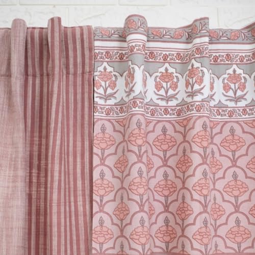 Image of Peepul Tree Pure Cotton Curtain Set of 2 Handwoven and 1 Printed Curtain | Dusty Pink and Off-White | 7 Feet | Set of 3 | Royal Courtyards Collection