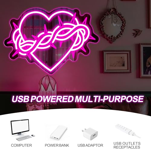 Image of Thorns Heart Neon Mirror Sign, Gothic LED Neon Sign Wall Decor USB Powered Dimmable Light for Bedroom Bathroom, Neon Signs for Wall Decor Gothic Gift 13.97 inch x 9.78 inch
