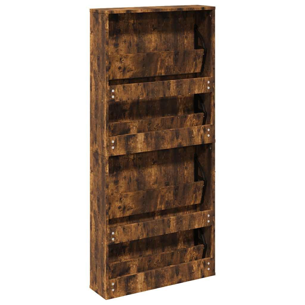Zapatero con espejo, 4 compartimentos, roble ahumado, moderno zapatero con compartimentos basculantes para pasillo y salón, 63 x 17 x 134 cm, madera estable