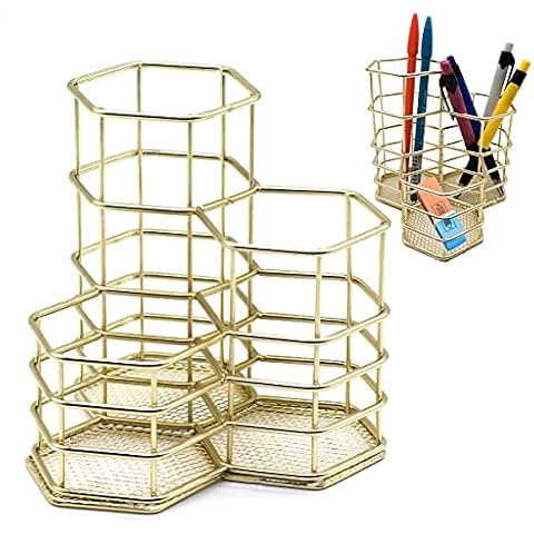 FANGZ Pencil Pot Holder,Hexagon Hollow Pen Holder,Makeup Hair Brush Holder Pen Pots for Desk, Metal Pencil Pot Make up Brush Organizer, for Office Home School stationery storage,Gold Cover