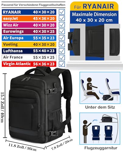 Handgepäck Rucksack 40x30x20 cm Ryanair EasyJet 24L Laptop Travelite Reiserucksack für Flugreisen Schwarz – Ansicht 2