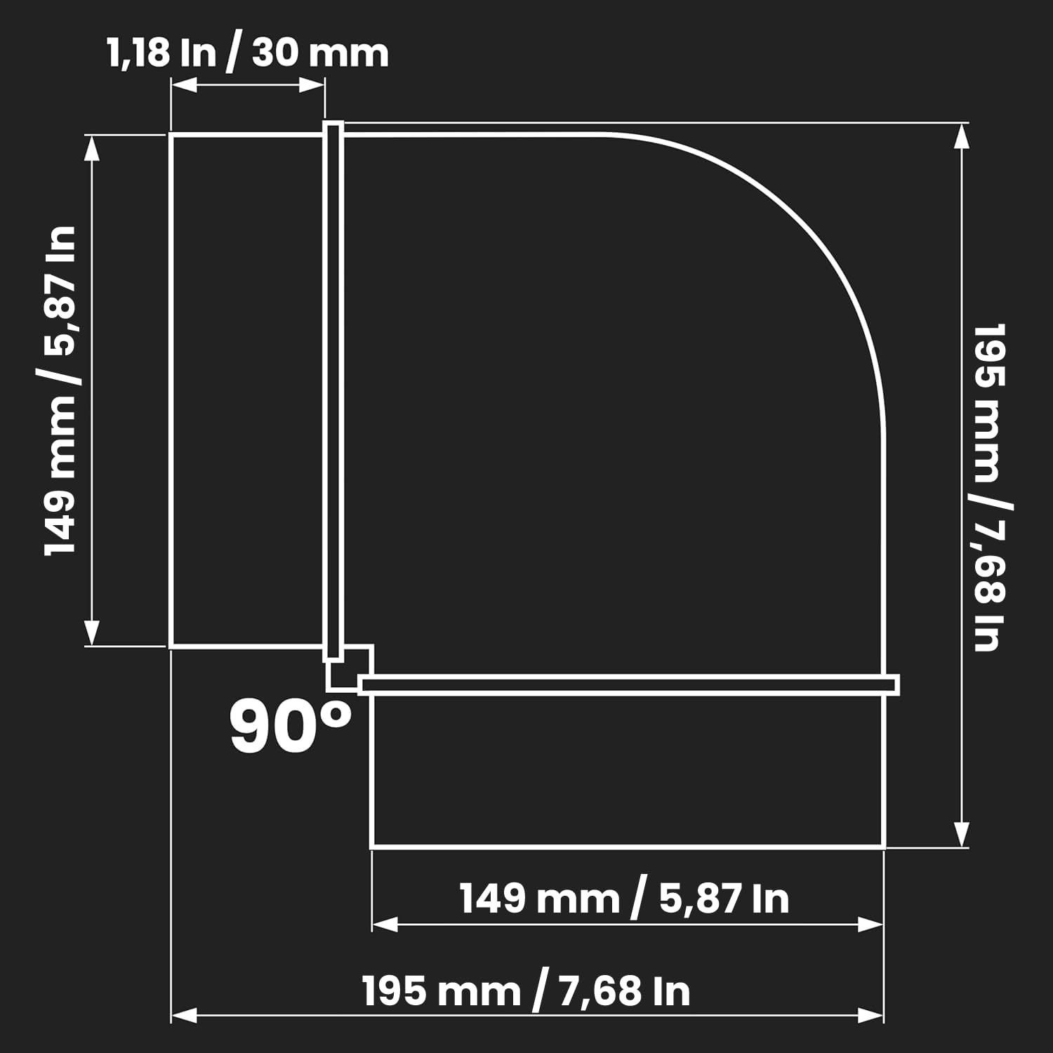 Kolanko z tworzywa sztucznego 90 stopni, 150 mm, rura kanałowa, kanał lub wąż - proste lub elastyczne, złącze wentylacyjne, okrągła rura łącząca