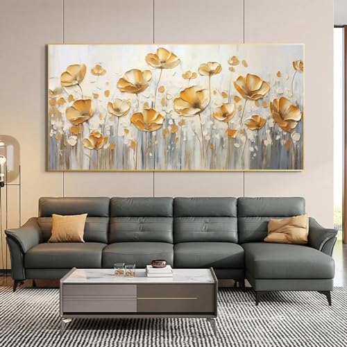 Peinture fleurs jaunes salon LSYALUCK grand format 60x180 cm vintage