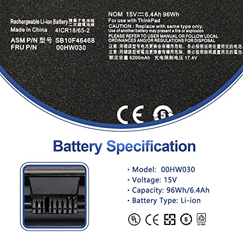 Image of ANTIEE 00HW030 SB10F46468 78++ 78+ Laptop Battery Replacement for Lenovo ThinkPad P70 20ER 20ES, ThinkPad P71 20HK Series Notebook 01AV451 4X50K14092 5B10W13950 15V 96Wh 6400mAh 8-Cell