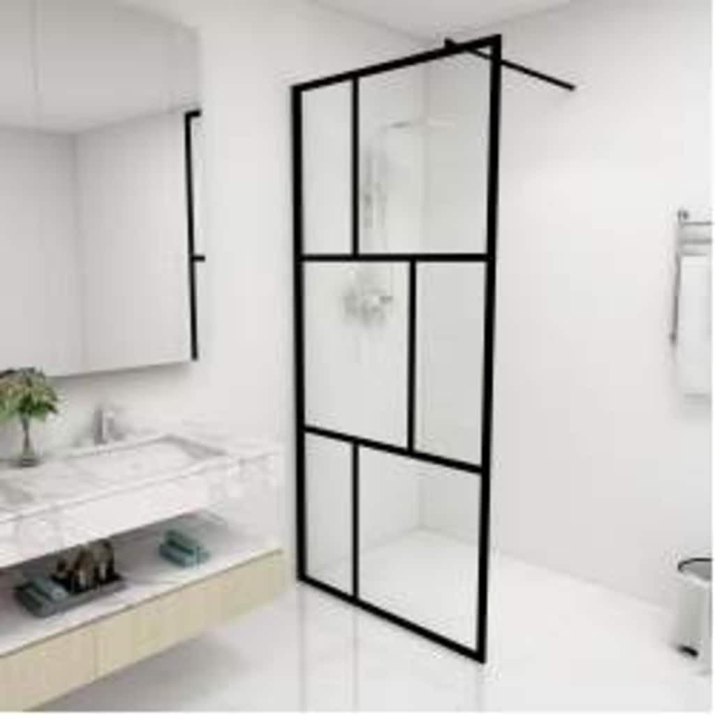 Parete doccia in vetro temperato da 5 mm con telaio in alluminio nero, 90 x 195 cm, per docce a pavimento, asta di supporto regolabile 70-120 cm, paraspruzzi, box doccia per bagno e ambienti