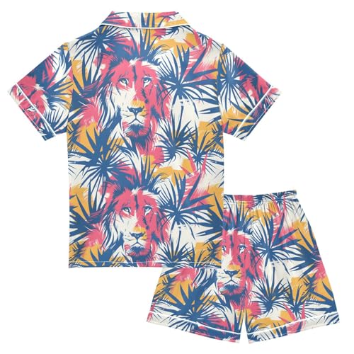 ALAZA Lion Palm Leaves Satin Pajamas Set Short Sleeve Button Down Sleepwear Summer Pjs 2 Piece2
