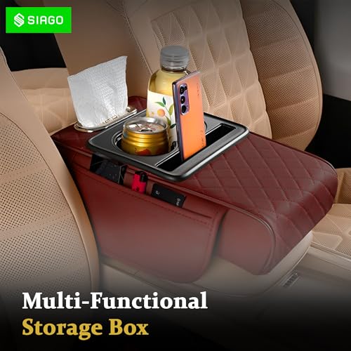 Image of SIAGO SIA399 Premium Car Armrest Cover | 5-in-1 Center Console Organizer with Cup Holder, Phone Slot, & Storage Bags | Anti-Slip PU Leather Cushion for Sedans & SUVs (Brown)