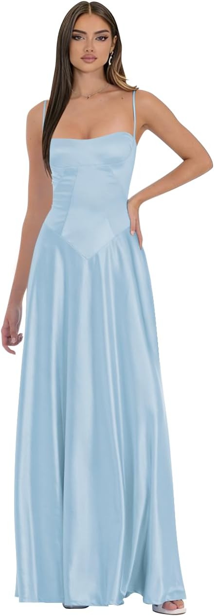 Spaghetti Straps Prom Dresses for Women Satin Long Bridesmaid Dresses Corset Formal Evening Gown