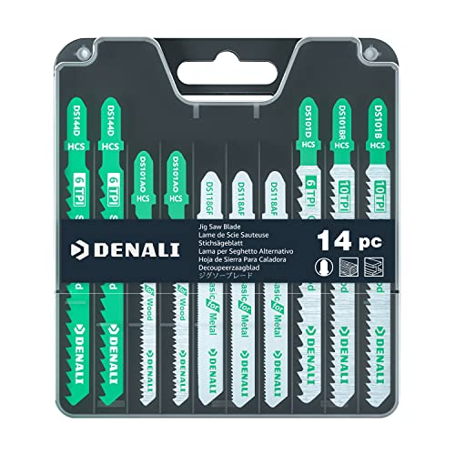 Amazon Brand - Denali T-Shank Jig Saw Blade for Wood and Metal (6T, 10T, 20T, 21T, 32T), 14-Pieces