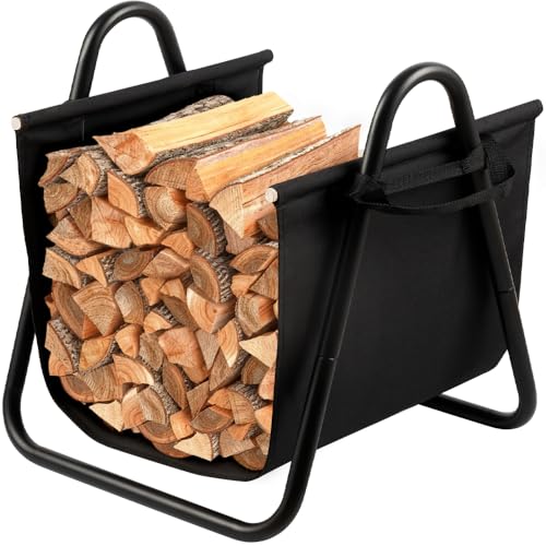 AMAGABELI GARDEN & HOME Fireplace Log Holder with Canvas Firewood Rack Indoor Tote Carrier Metal Wood Rack Black Firewood Holders Storage Heavy Duty Logs Stacker Basket with Handles Kindling