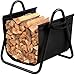 Fireplace Log Holder with Canvas Tote Carrier Indoor Fire Wood Rack Black Firewood Storage Holders Log Bin Heavy Duty Fire Logs Stacker Basket with Handles Kindling Wood Stove Accessories