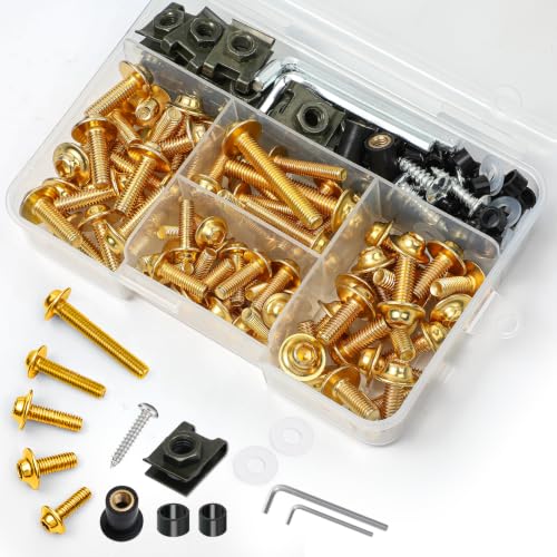 Image of Motorcycle Fairing Bolt Kit 177Pcs, M5 M6 Stainless Steel, Gold | Windscreen Screws Fastener Clips Universal Fit for Suzuki Kawasaki Honda Yamaha BMW Ducati GSXR
