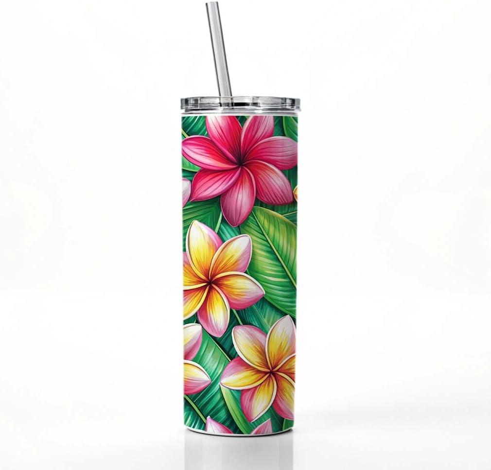 Tropical Plumeria Floral Pattern Skinny Tumbler 20oz with Straw Insulated Water Bottle Gift