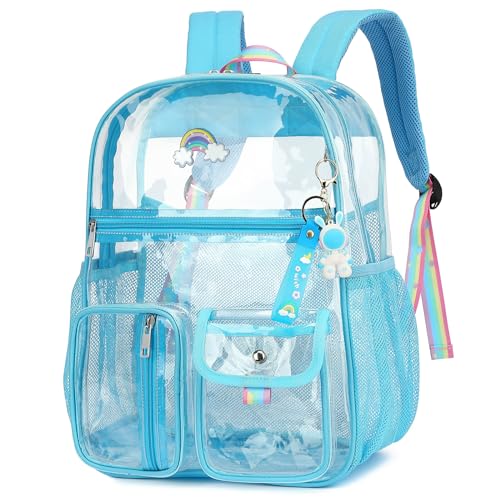 Clear Backpack for Boys Girls Men Women, Heavy Duty PVC See Through Transparen Backpacks for School, Stadium, Concert (Sky Blue)