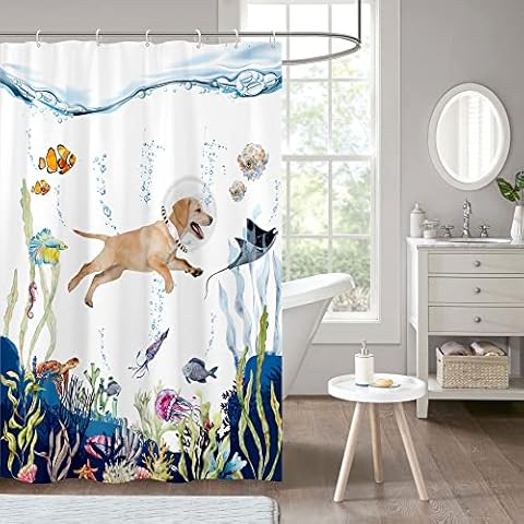 Zokyer Funny Dog Shower Curtain Blue Sea Ocean Underwater Fish Turtle Octopus Jellyfish Waterproof Bathroom Decor Polyester Fabric Waterproof Durable Plastic Hooks 12 Pack (36Wx72L) Cover