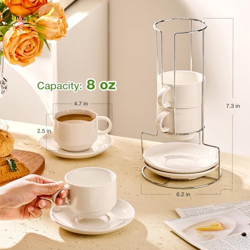 image for Mfacoy 8 Ounce Porcelain Cappuccino Cups with Saucers and Metal Stand,