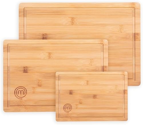 MasterChef - Masterchef Houten Snijplanken, Bamboe, 38cm x 27.5cm, 34cm x 23.5cm, 23cm x 15cm, Vaatwasmachinebestendig, Houten Planken Groot, Medium en Klein, Keukenplanken, Natuurlijk Bamboe, Met Sapgroefs
