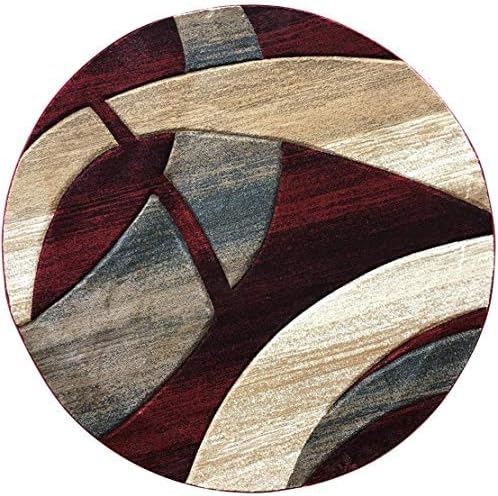 NikosSculpture Modern Round Contemporary Abstract Area Rug Red Burgundy Blue Beige Design 248 (4 Feet X 4 Feet)