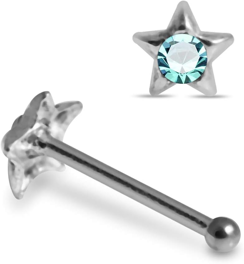 Crystal Stone Curved Star 22 Gauge 925 Sterling Silver Ball End Nose Pin - Nose Stud - Tiny Nose Ring - Nose Piercing Body Jewelry