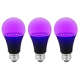 Sunlite LED A19 Black Light UV Bulb, 7W (60W Equiv.), Medium E26 Base, Non-Dimmable, 390-405nm Wavelength, Ideal for Black Light Room Decor, Halloween Decorations, Indoor UV Decor, UL Listed, 3 Pack