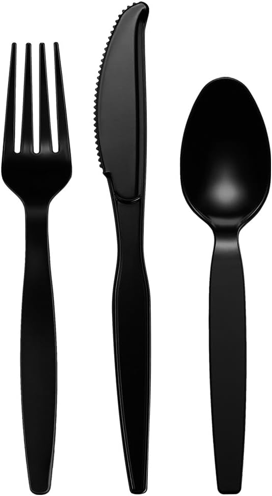 Comfy Package [360 Combo Pack] Basic Black Plastic Silverware, Heavyweight Disposable Utensils - 180 Forks, 120 Spoons and 60 Knives Perfect Cutlery for Parties, Birthdays and Dinner
