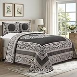 SUPERIOR Cotton Blend Bedspread Set, Includes Oversized Bedspread and 2 Matching Pillow Shams, Light Weight Blanket, Bedding Decor, Jacquard Vintage Floral Mandala, Lyron Collection - King, Charcoal