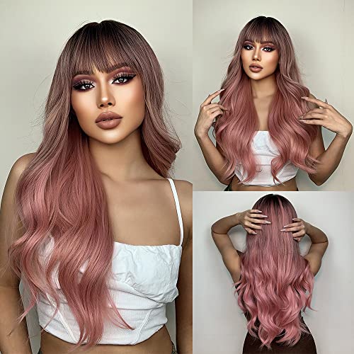 Perücken Damen Ombré Rosa Mit Pony 26 Zoll Lange Gewellte Perücke für Frauen Hitzebeständige Synthetische Cosplay Perücken für den täglichen Party Wear Cover