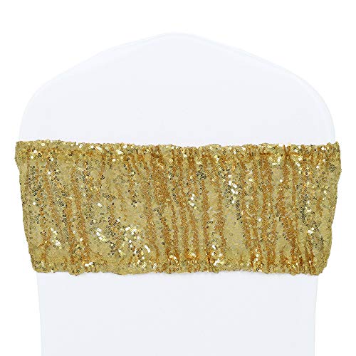 HELAKU Sequin Spandex Chair Sash - Pack of 52 Gold Chair Bands Glitter Chair Stretch Sashes for Hotel Wedding Reception Party Banquet Chair Covers Decorations