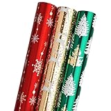 LDGOOAEL Mini Short Small Christmas Wrapping Paper Roll with Cut Lines on Reverse (17' X 120' Per Roll) - Red Green Gold Gift Wrap with Deer&Snowflake&Tree Design for Holiday, Birthday,Wedding