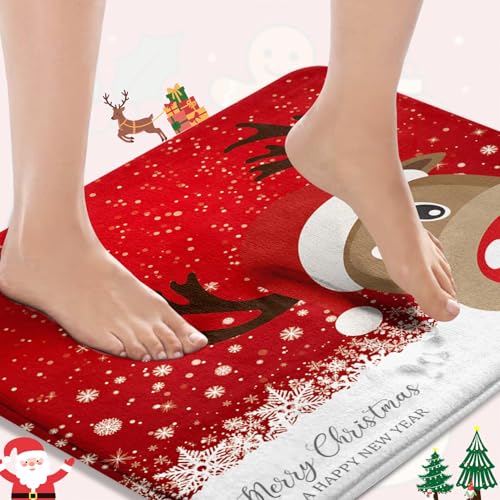 Britimes Christmas Bath Mat Bathroom Mat Rug No Slip Bathroom Decorations 16x24 inches for Home Kitchen Bedroom Cute Christmas Deer