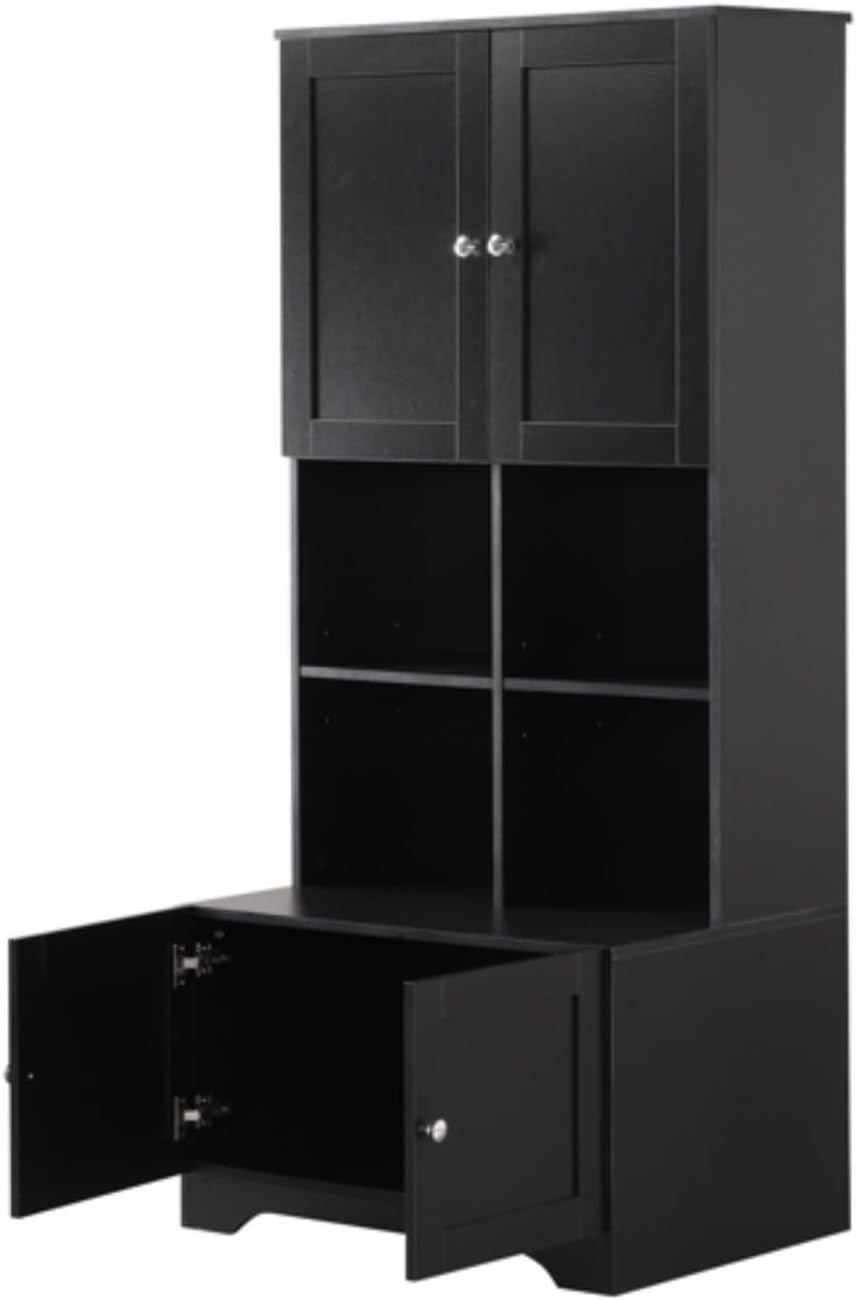 67" Tall Large Bathroom Floor-Standing Cabinet, Storage Cabinet, Bathroom Storage Unit, Freestanding Cabinet with 4 Doors, Adjustable Shelves, Open Multi-Level Shelves, Black