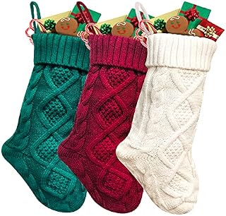 RockBerry Personalised Christmas Stockings- Xmas Stockings with 50 Pcs Name Tags -3 Pack Large 18 Cable Knit Christmas Stocking with Plush Faux Fur Indoor Decor-Party Home Decor for Family Holiday