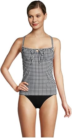 Lands End Women Chlorine Resistant Tie Front Underwire Tankini Top Black/White Gingham Regular 4