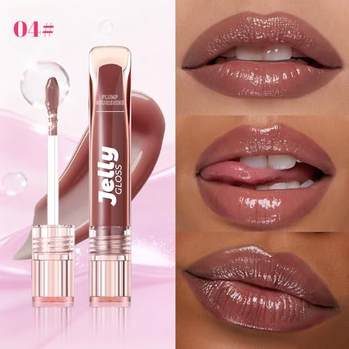 Image of WanTuoluo Jelly Lip Gloss, Soft Lip Tint, Instantly creates a Sheer Glass-like Shine, Cool Blue Red Rose Mocha Bean Chocolate Brown Colors, Smoothing, Moisturizing, Plump and Hydrated (B04)