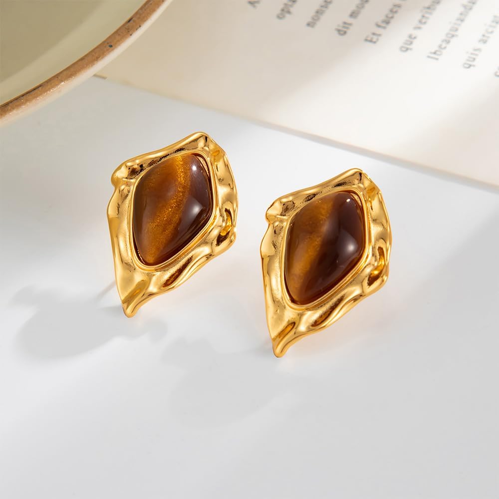 Brown Gold Statement Earrings for Women Chunky Large Fake Faux Gem Stone and Big Irregular Gold Hammered Disc Stud Earrings Vintage Bold Costume Jewelry - Image 3