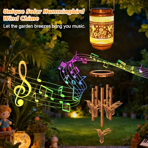 Image of 2 Pack Hummingbird Solar Wind Chimes for Outside, Gifts for Mom Women Grandma Birthday Memorial Teacher, 32 inch Windchimes Outdoor Decor Hanging Solar Lantern for Garden Porch Patio Backyard