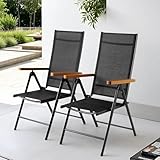 Clevich Gartenstuhl Hochlehner 2er Set, Aluminium Balkonstuhl, Alu Klappstuhl, Klappbar Campingstuhl, Teakbraun WPC Armlehnen, 7-Fach Verstellbar Rückenlehne, Atmungsaktiv & Wetterfest
