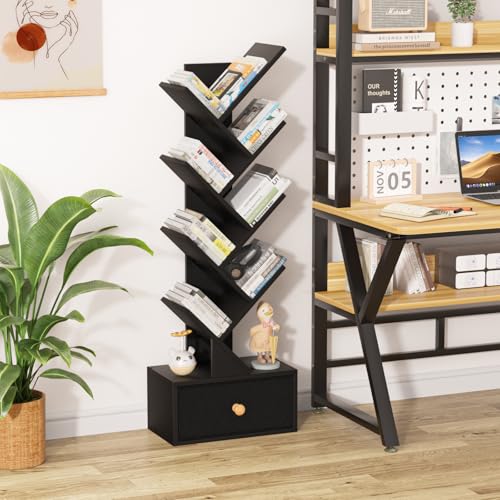 SHEEPAM 8-Tier Tree Bookshelf Floor Standing Storage Bookcase with Drawer - image 3