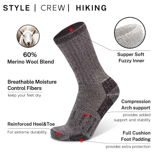 Image of Busy Socks 3 Pack Crew Merino Wool Hiking Socks for Men Women Winter Thick Warm Thermal Cushioned Moisture Wicking Boot Sock