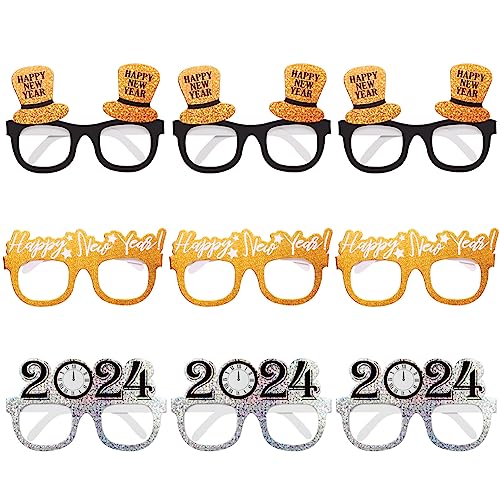 Unomor 9pcs Happy New Year 2024 New Years Eve Party Eyeglasses Photography Glasses Props Paper Glasses