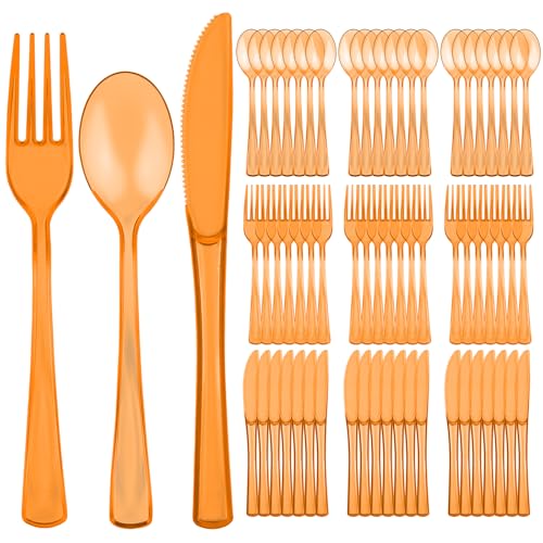75 PCS Plastic Silverware Disposable Silverware Heavy Duty Utensil Sets 25 Of Each Forks Knives & Spoons Disposable Cutlery Set For Easter Birthday Baby Shower Garden Party Wedding(75 Orange)